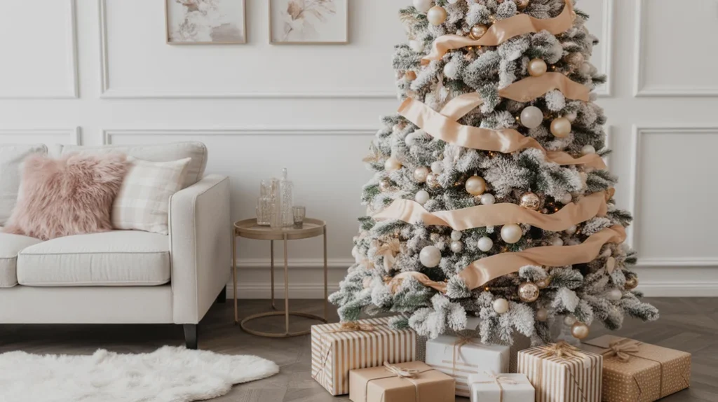White and gold Christmas tree with ornaments, pearl garlands, and luxury winter living room style