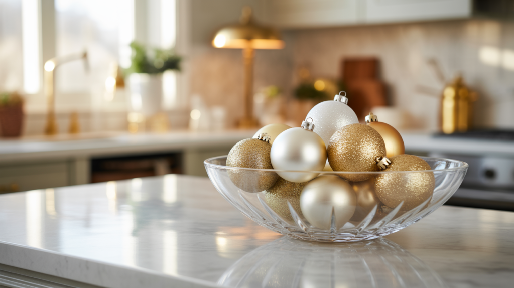 Glass bowl filled with white and gold Christmas ornaments on a marble counter adding a simple elegant touch to festive kitchen decor.