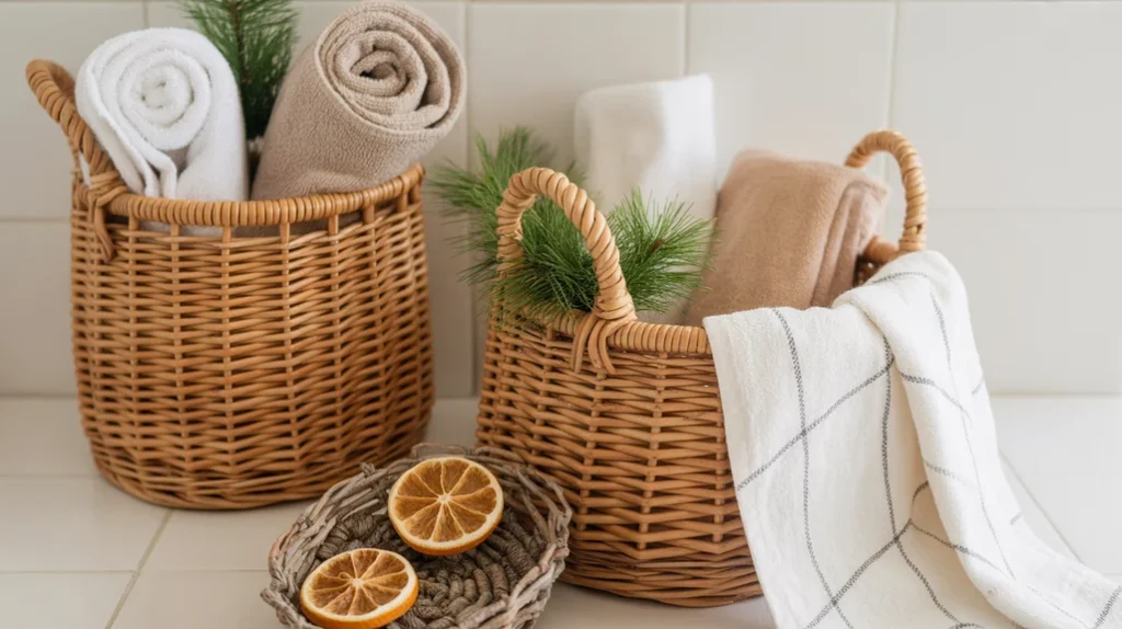 woven baskets with towels and greenery used in cozy boho christmas bathroom styling