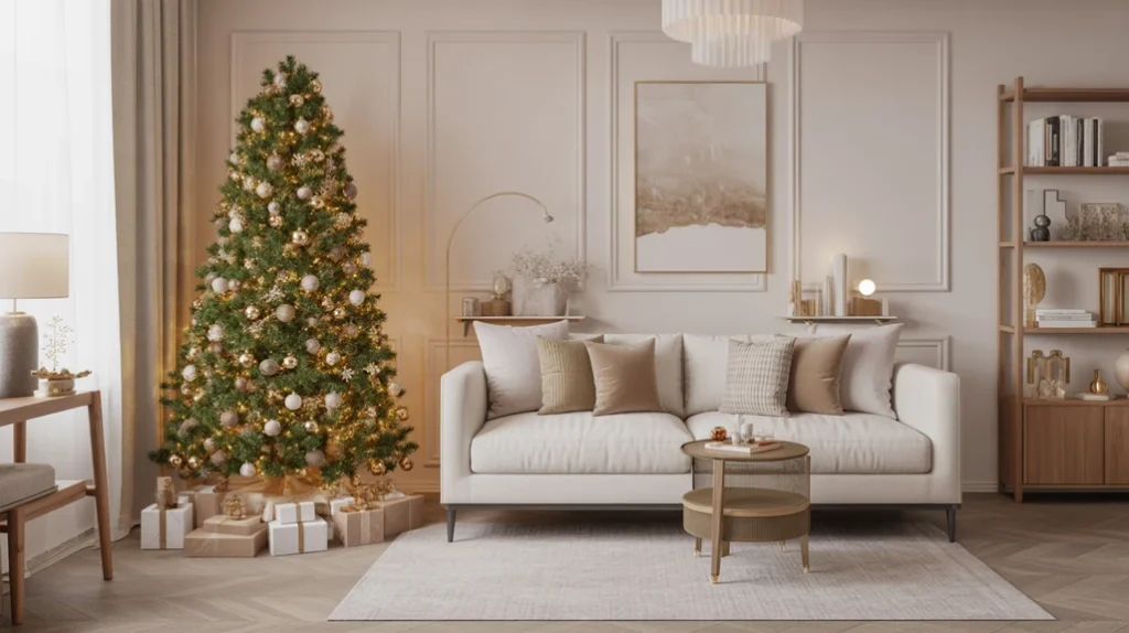 cozy neutral Christmas living room with layered candles and soft textures