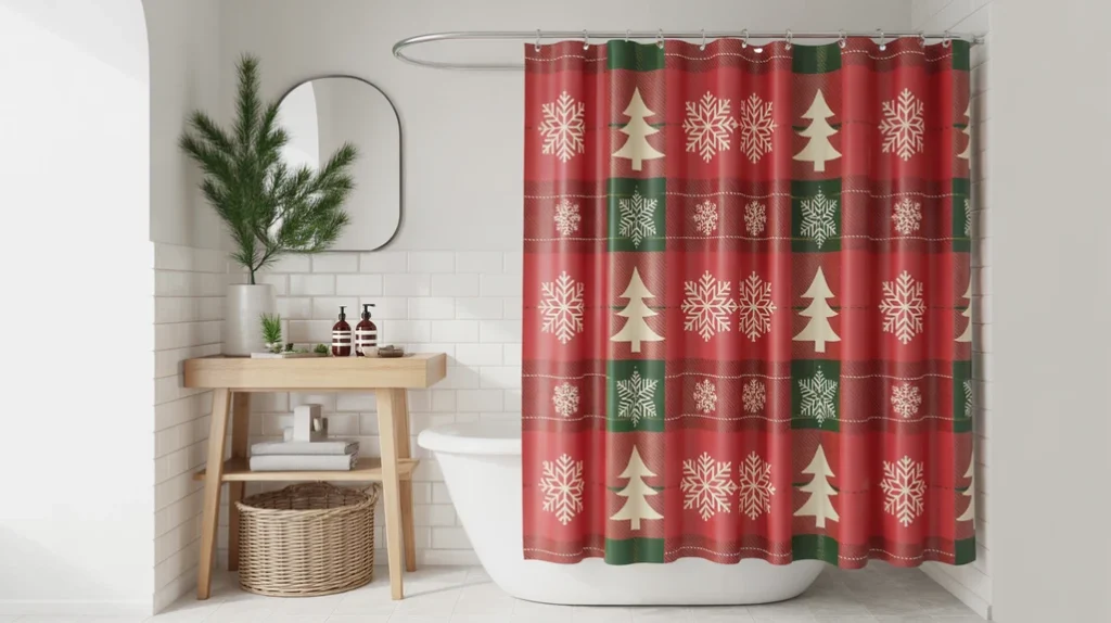 Festive Christmas shower curtain used as the main holiday accent in a decorated bathroom.