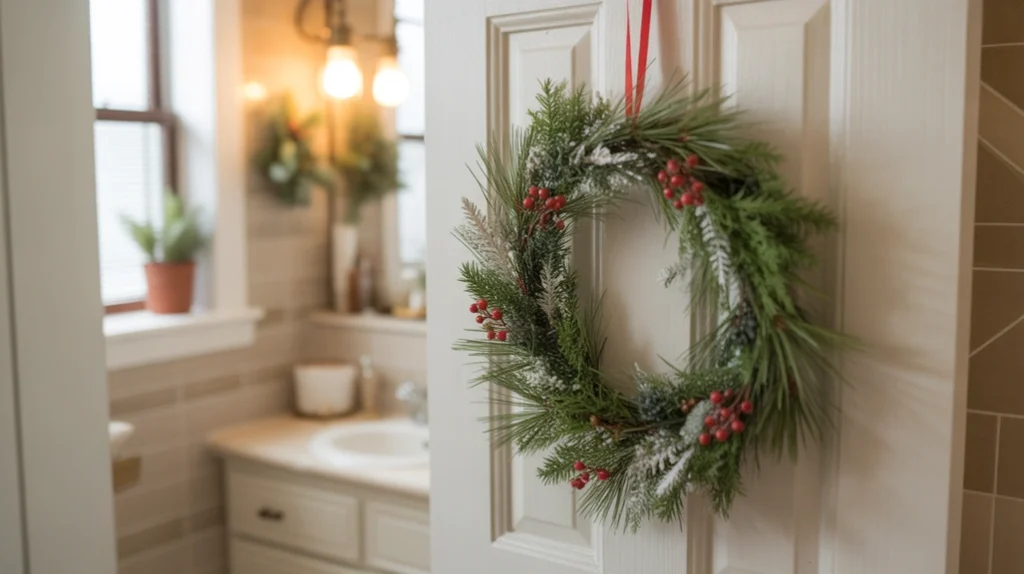 Mini Christmas wreath hanging on a bathroom door for a festive small-space holiday look.