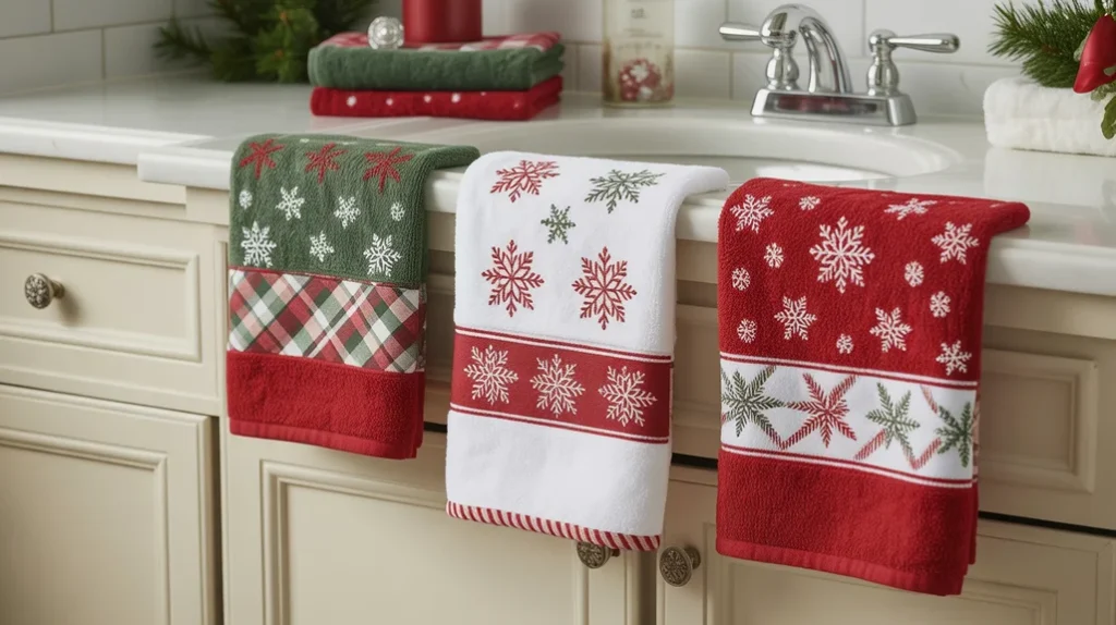 Festive Christmas hand towels styled in a small bathroom with cozy holiday colors.