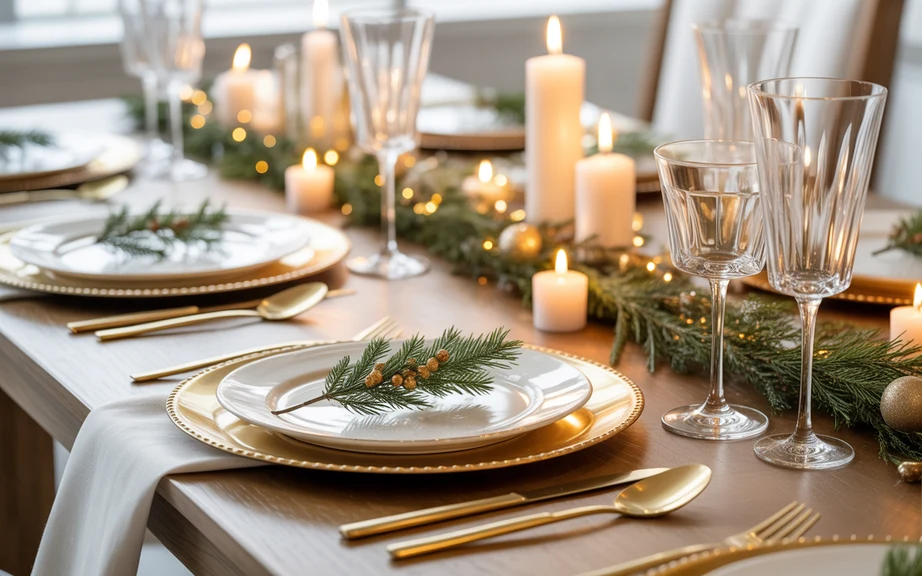 Classic Gold and White Christmas Table Setting