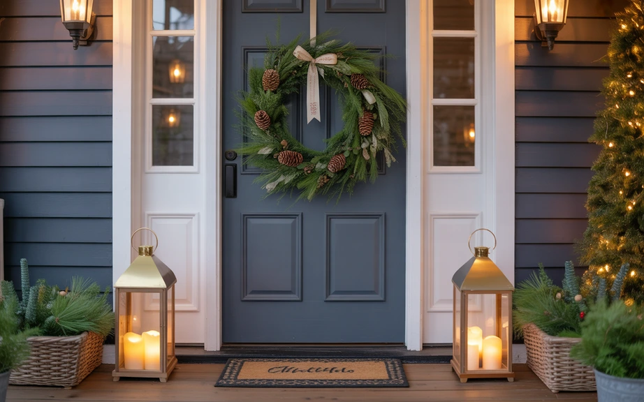 Classic Pine Wreath with Lantern Glow