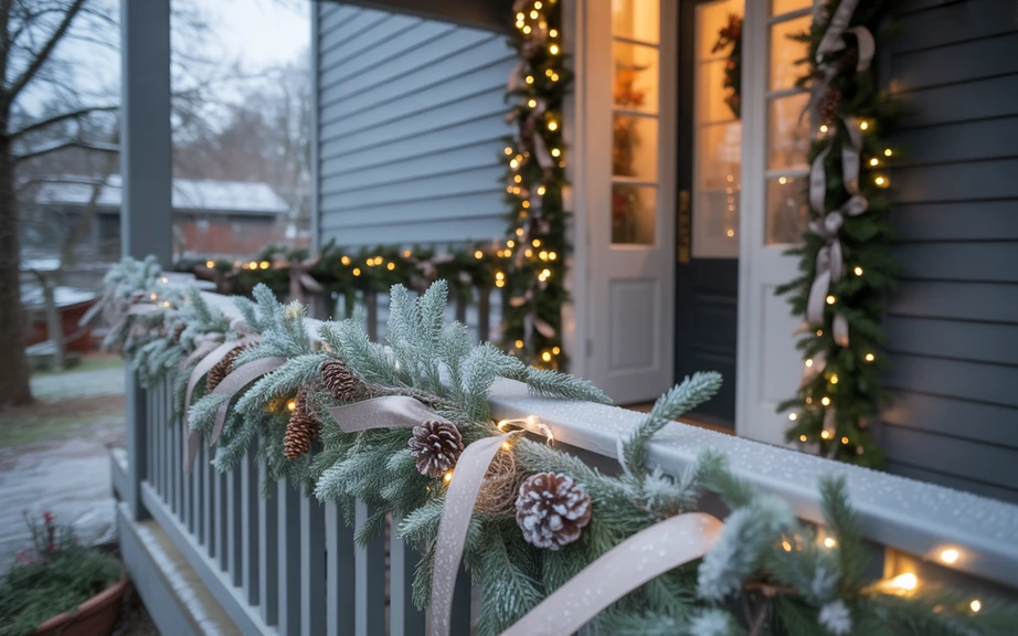 Frosted Evergreen Garland Across the Porch
