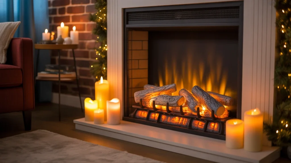 LED faux fireplace casting cozy amber glow for Christmas living room lighting ambiance