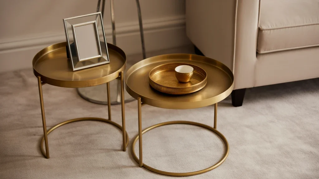 Gold and brass metallic accents add glamour to living room decor.”