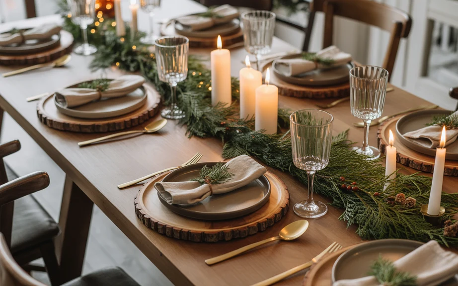 Rustic Farmhouse Christmas Table with Wooden Chargers