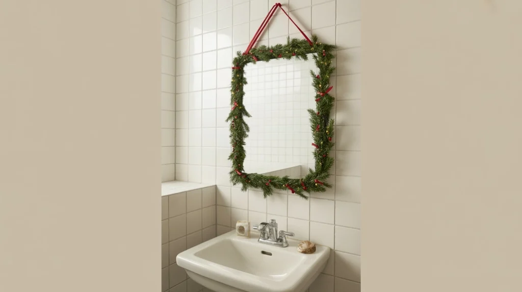 bathroom sink mirror decorated with small ribbon and greenery for a festive touch