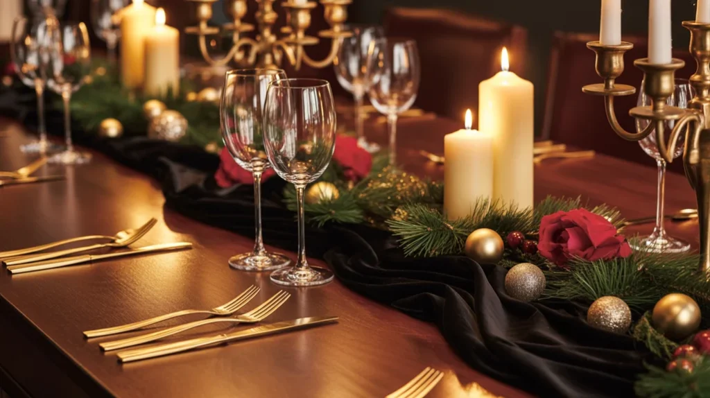 Black and gold Christmas tablescape with candles, table runner, and metallic dinnerware.