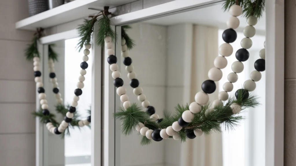 black and white christmas garland draped on a bathroom shelf with soft winter styling