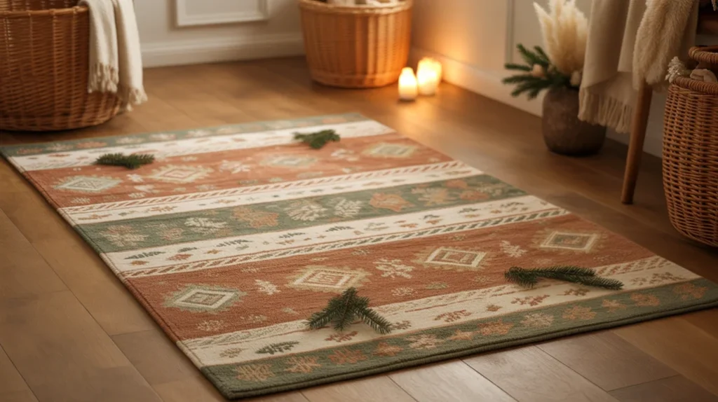 earthy boho patterned bath rug styled with greenery for a warm christmas bathroom look