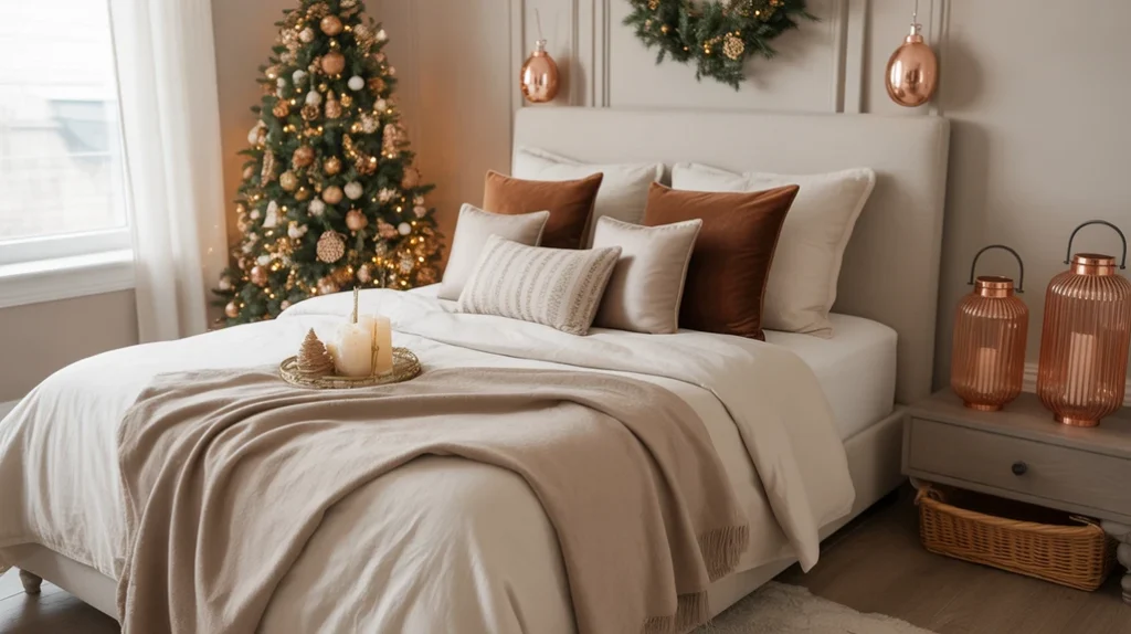 Brown, cream, and copper Christmas bedroom with warm cozy tones