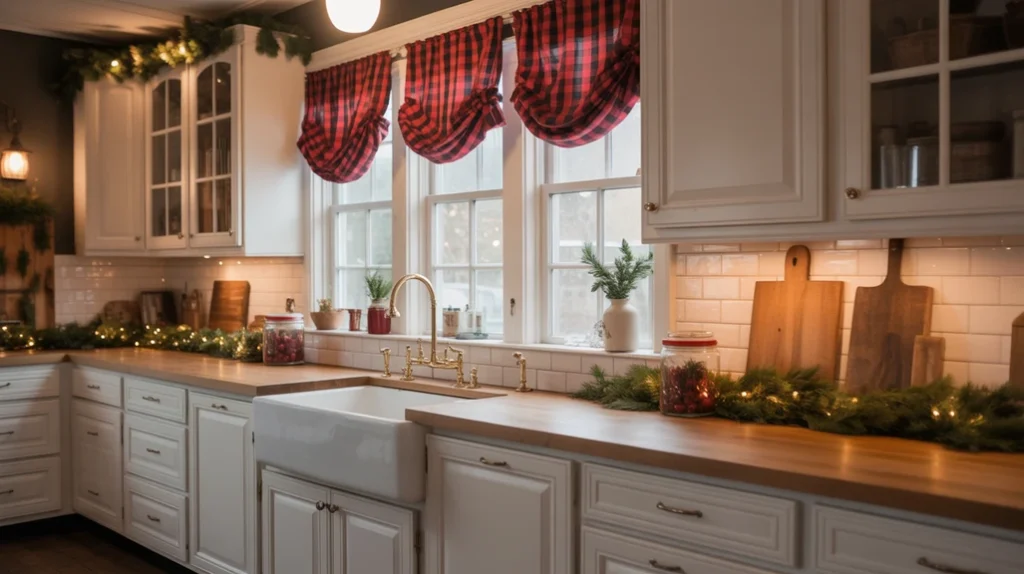 Farmhouse kitchen with buffalo plaid curtains adding warm Christmas charm to the space