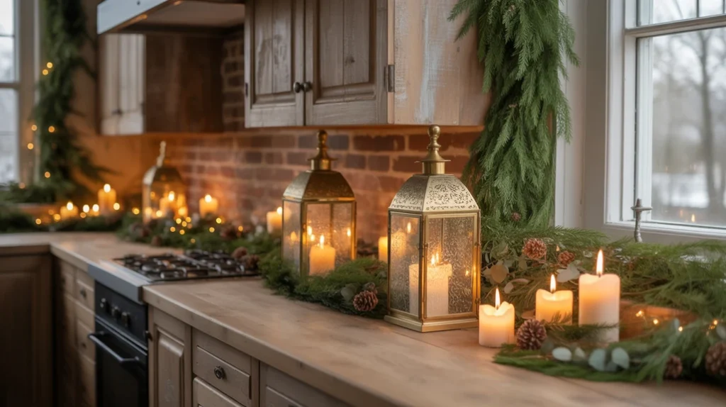Lanterns with glowing candles and greenery above kitchen cabinets creating a cozy and warm Christmas atmosphere