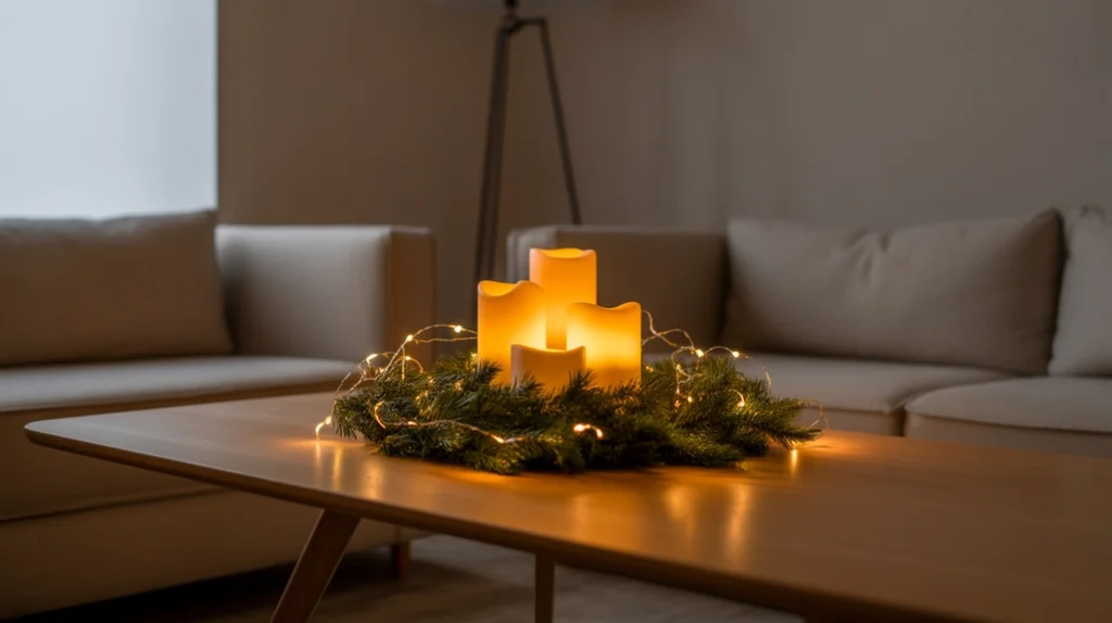 Cozy candlelight and warm glow illuminating a small apartment Christmas living room with modern holiday style.