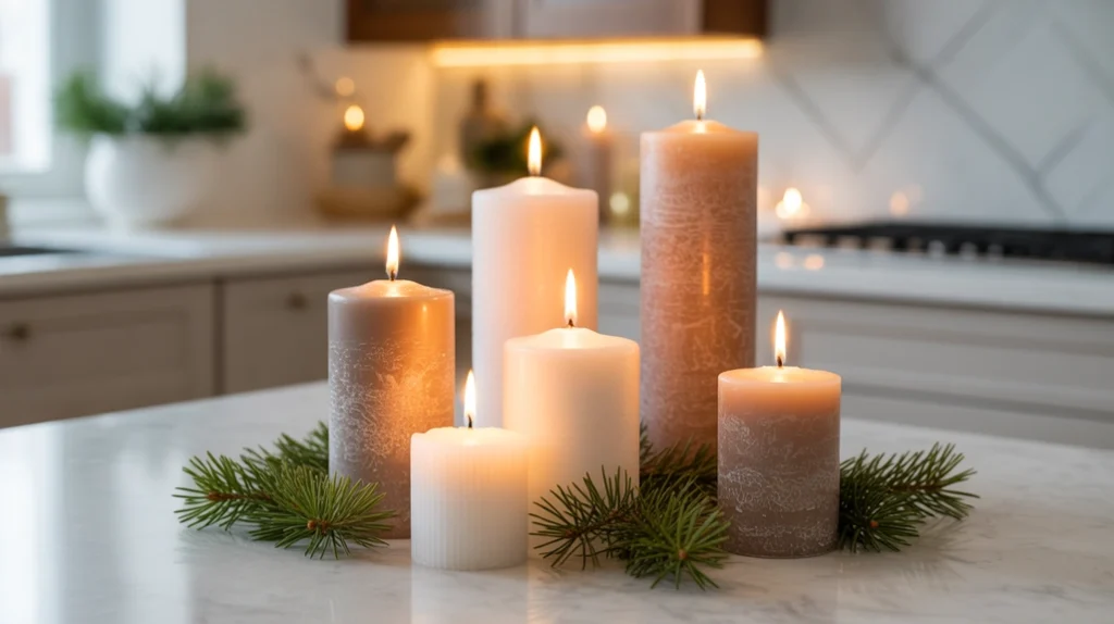 Beige candles with pine sprigs on kitchen counter, soft light for cozy minimalist holiday decor
