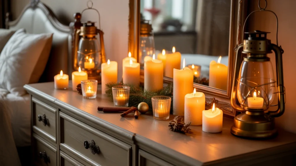 Christmas candles on bedside table adding soft glow and warmth to a cozy holiday bedroom