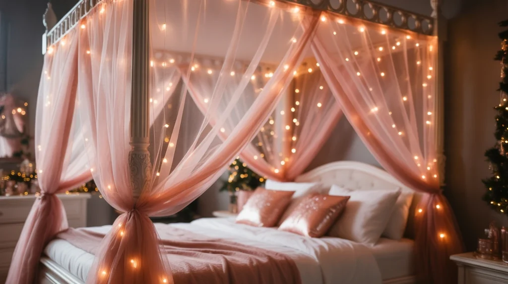 Canopy Christmas bedroom ideas for girls with sheer curtains and fairy lights