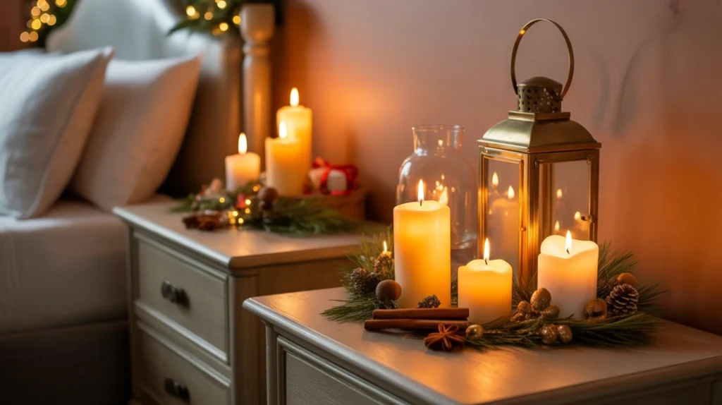 Christmas bedroom candles and lanterns with warm lighting and seasonal fragrances