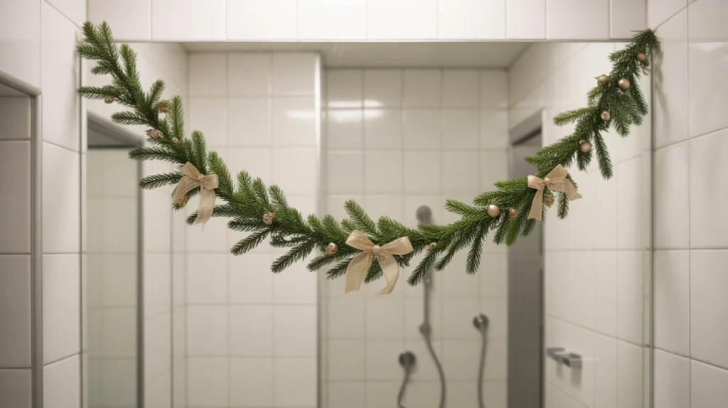 Lightweight Christmas garland hanging above a bathroom mirror for festive décor.