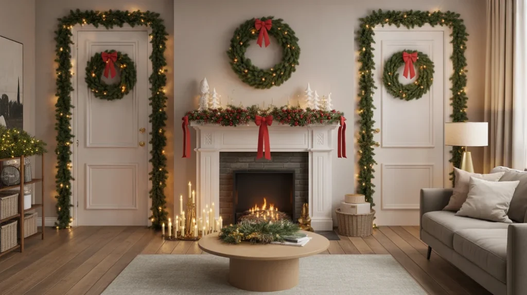 garlands and wreaths with fairy lights decorating Christmas mantel