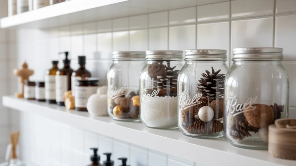 “glass jars filled with ornaments and pinecones styled on a bathroom shelf” 