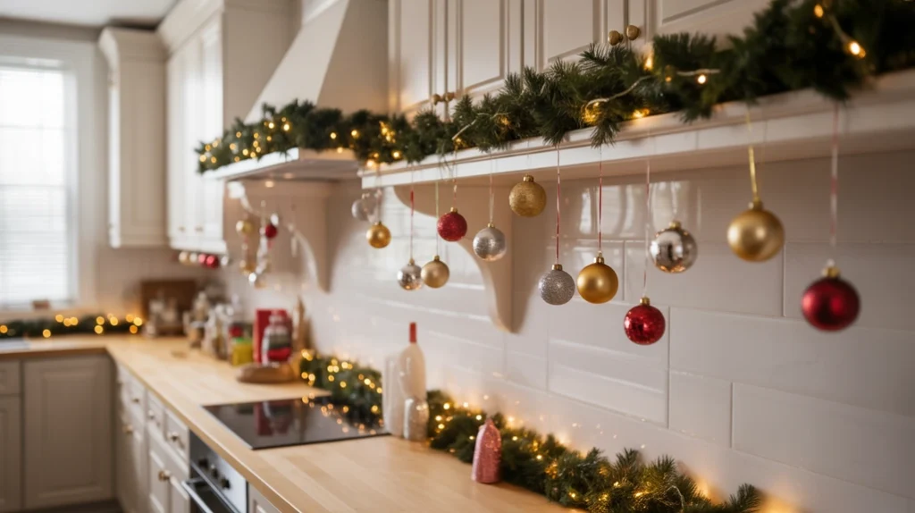 Mini Christmas ornaments hanging from kitchen shelves and cabinets