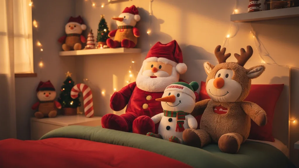 plush Santa, reindeer, and snowman toys decorating a cozy kids Christmas room