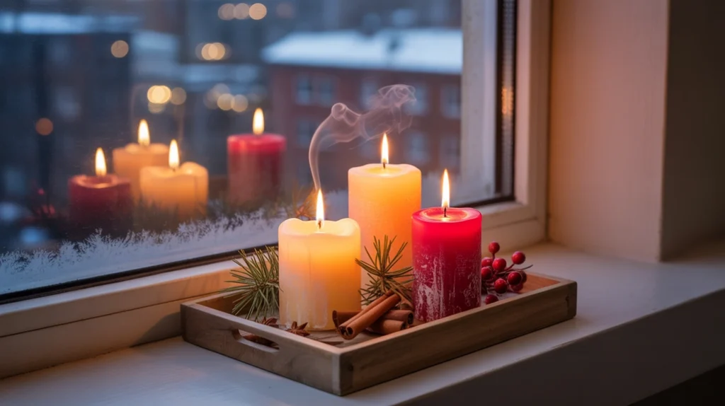 Christmas-scented candles placed on a small tray adding a warm holiday aroma in the kitchen