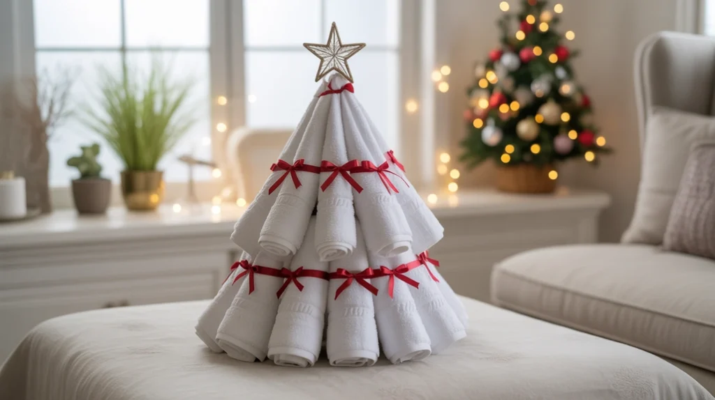 towel folded into a christmas tree shape with a small star for a playful holiday display