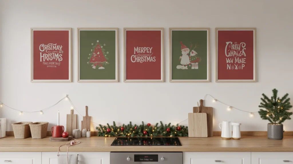 Kitchen wall decorated with framed Christmas prints in red and green tones for cheerful holiday decor.