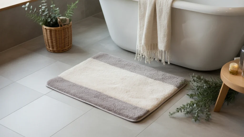 Neutral bath mat with soft winter texture for a cozy Scandinavian Christmas bathroom.