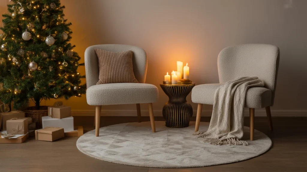 Cozy sitting corner in Christmas bedroom for couples with rug and throw blanket