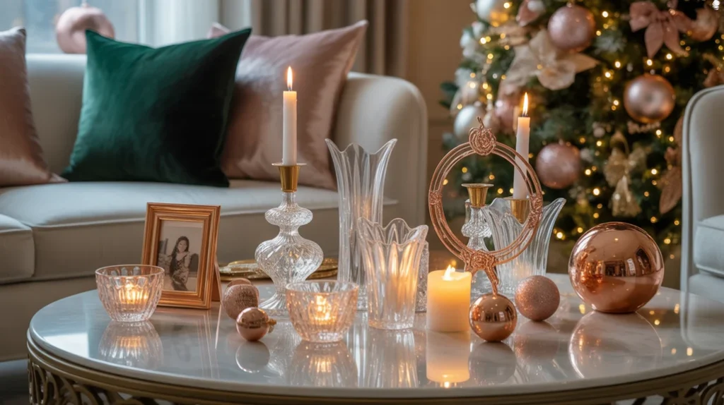 Crystal candleholders and glass ornaments adding sparkle to a rose gold Christmas living room setup.