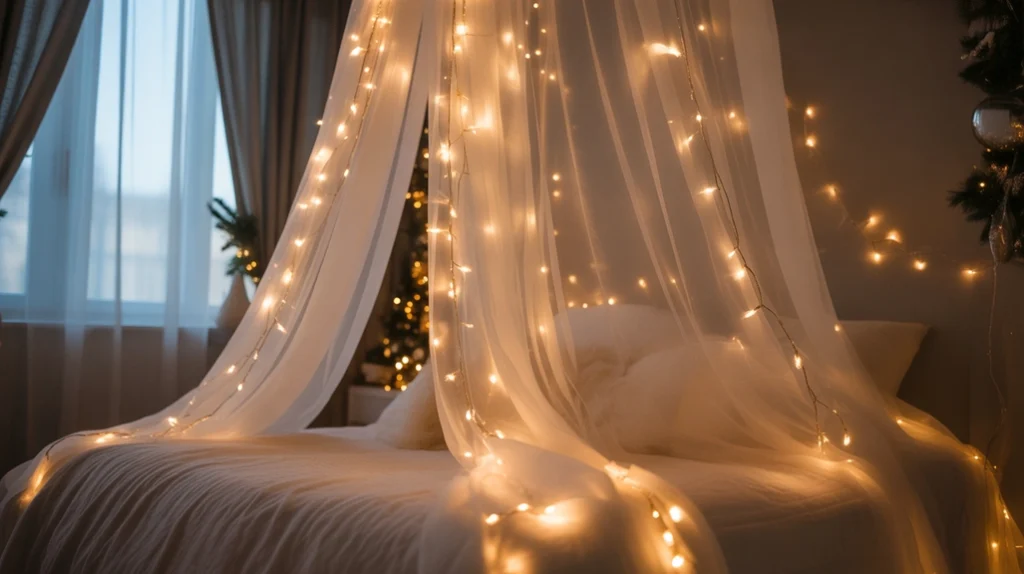 Curtain string lights forming dreamy glowing backdrop in Christmas bedroom