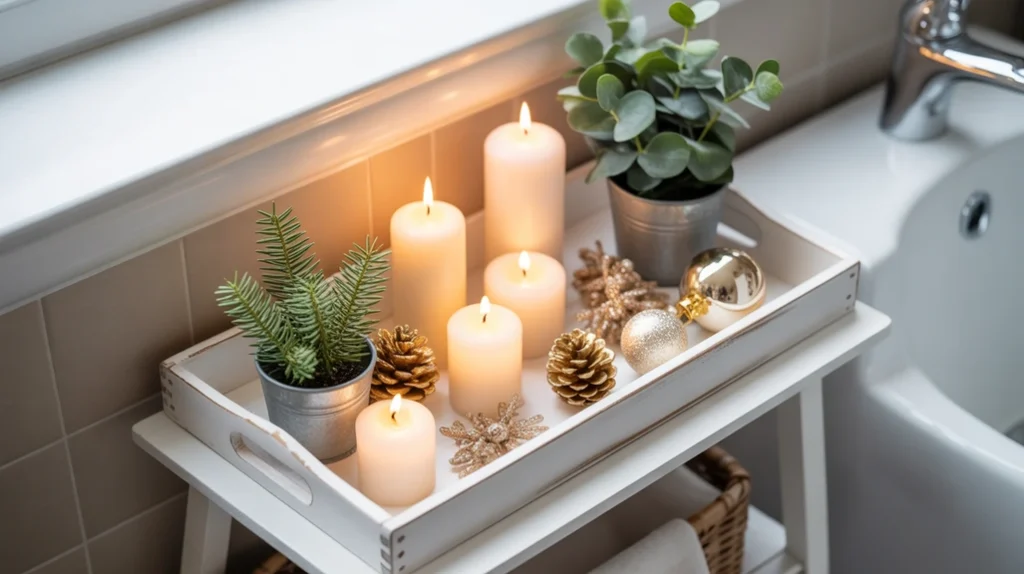 bathroom shelf tray arranged with candles, greenery, and seasonal ornaments