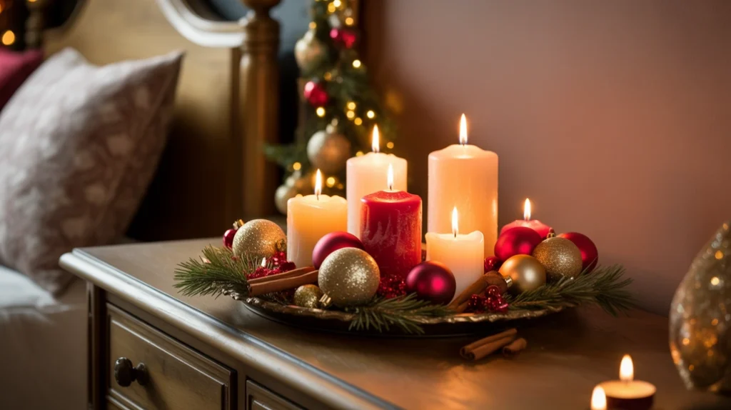 Candle tray centerpiece with pine branches, ornaments, and cinnamon sticks for cozy bedroom Christmas display.