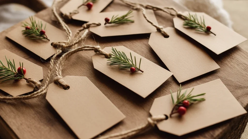Handmade Christmas tags using craft paper and twine for rustic holiday kitchen labeling