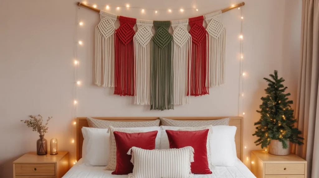 Fabric wall hanging in holiday colors with fairy lights for modern and festive bedroom wall decor.