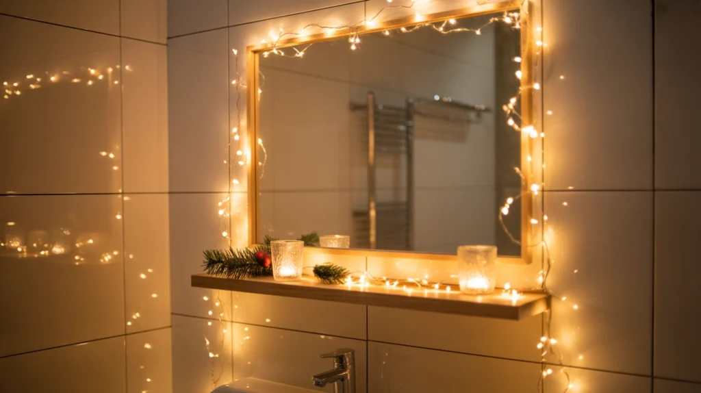 Warm fairy lights around a bathroom mirror creating a magical holiday glow