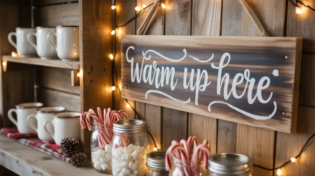 Farmhouse hot cocoa bar corner styled for Christmas with mugs, marshmallows, and festive lights.