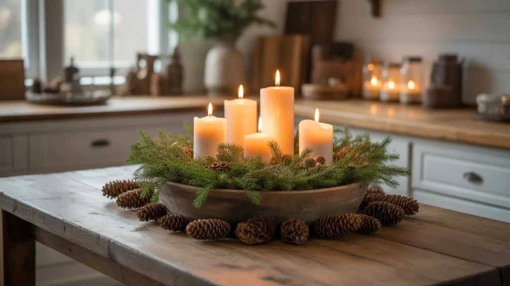 wooden dough bowl filled with greenery and candles for farmhouse christmas centerpiece