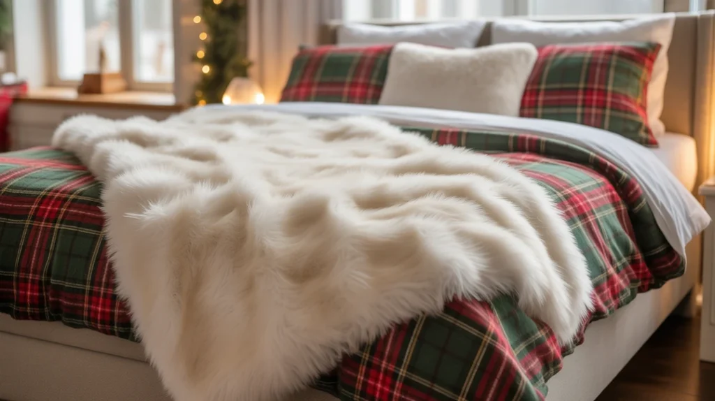 Faux fur blanket draped over plaid bedding adding luxury to cozy Christmas bedroom decor