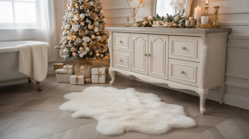 white faux fur rug adding cozy luxe texture to glamorous christmas bathroom styling