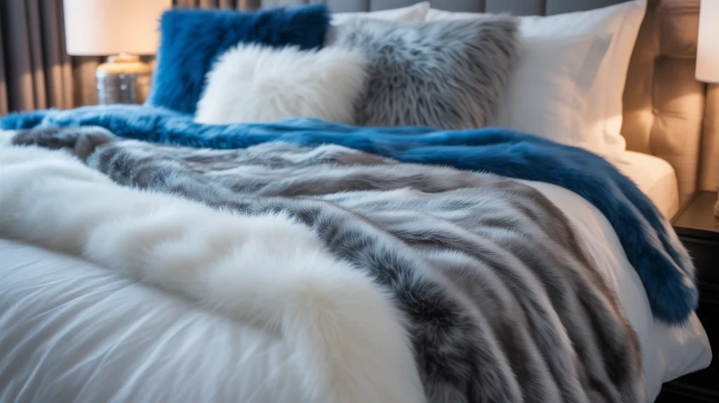 White, blue, and silver faux fur throws layered across a bed for a luxurious and warm holiday bedroom feel.