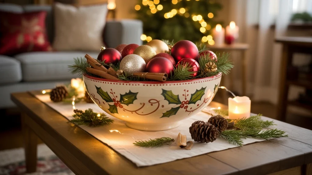 “festive centerpiece bowl filled with ornaments, pinecones, and Christmas greenery”