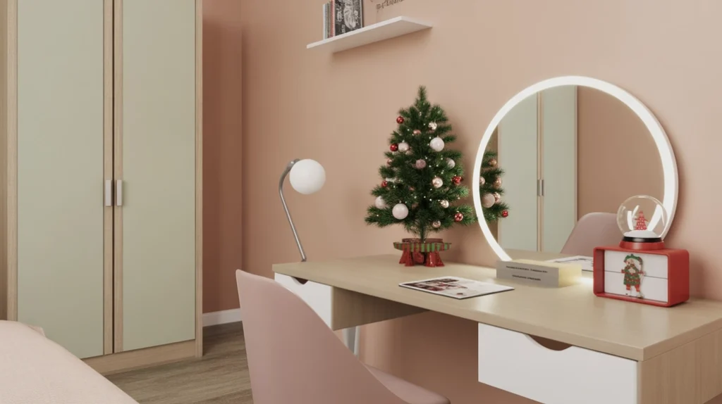 Study or vanity area decorated with mini tree and snow globe in a cheerful Christmas teen bedroom