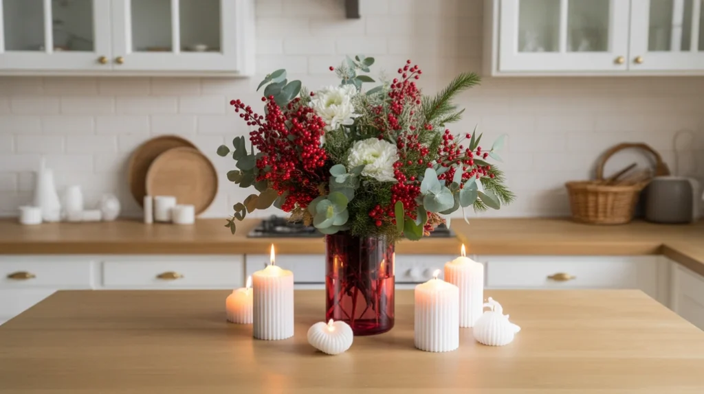 Kitchen centerpiece with red berries, white flowers, and greenery arranged in a vase for elegant Christmas countertop decor